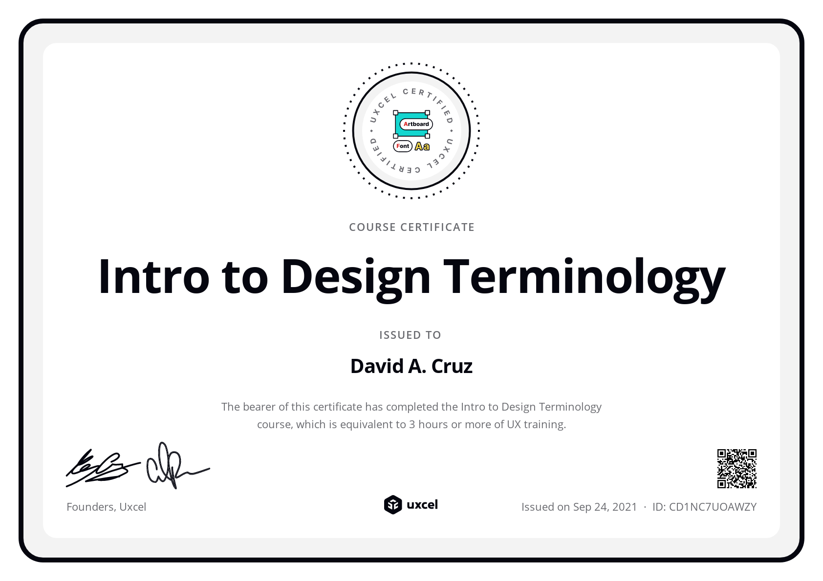 David A. Cruz's certificate